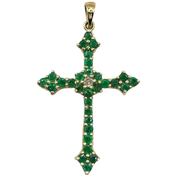 14k Yellow Gold Natural Emerald and Diamond Cross Pendant - Picture 1 of 8